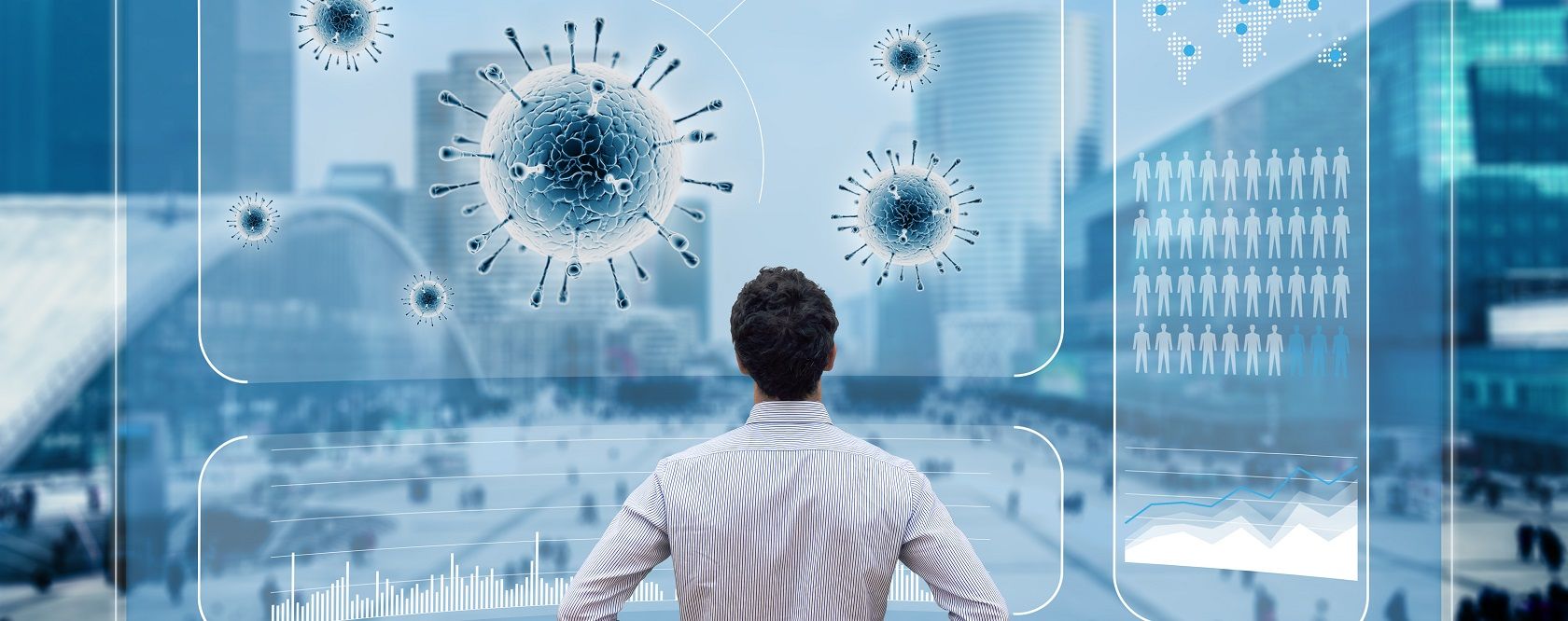 A businessman looking out over a city, with virus particles and data charts overlaid