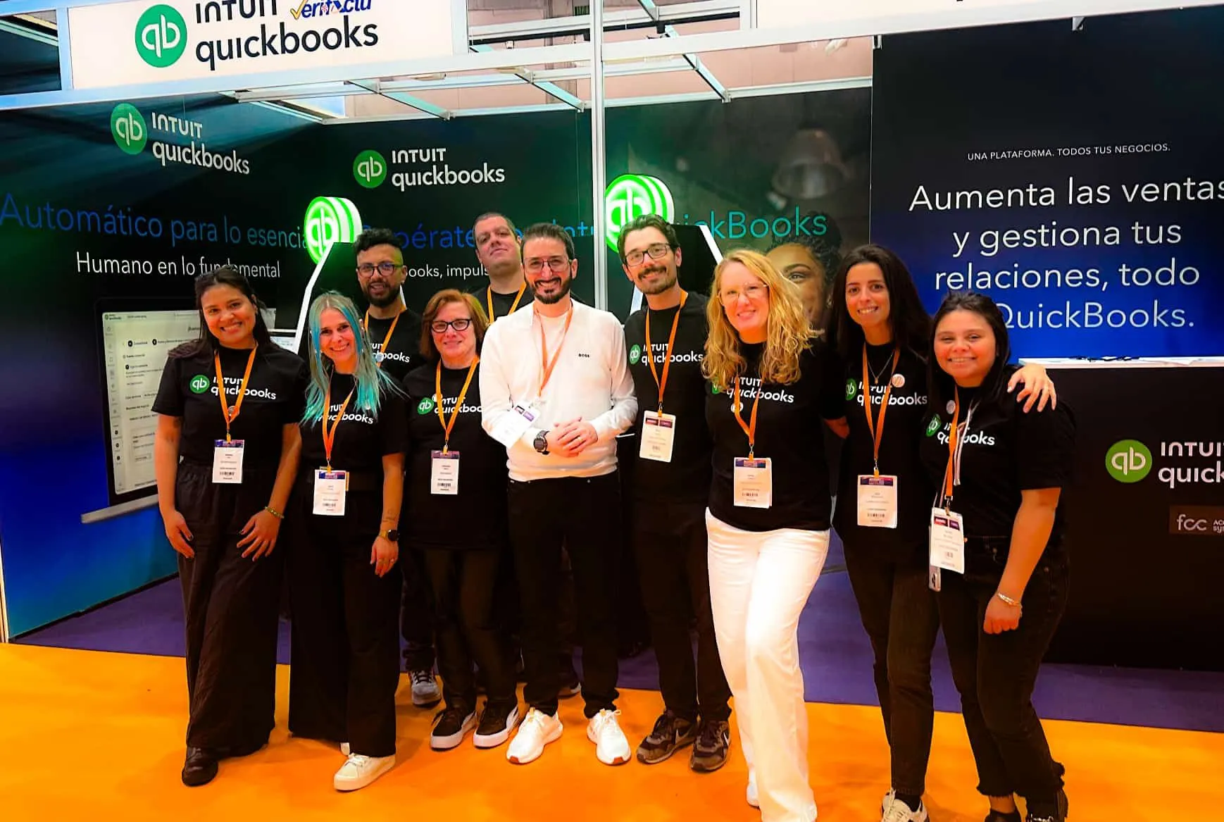 The FCC and Intuit QuickBooks team in QuickBooks T-shirts on the Intuit stand at Accountex España