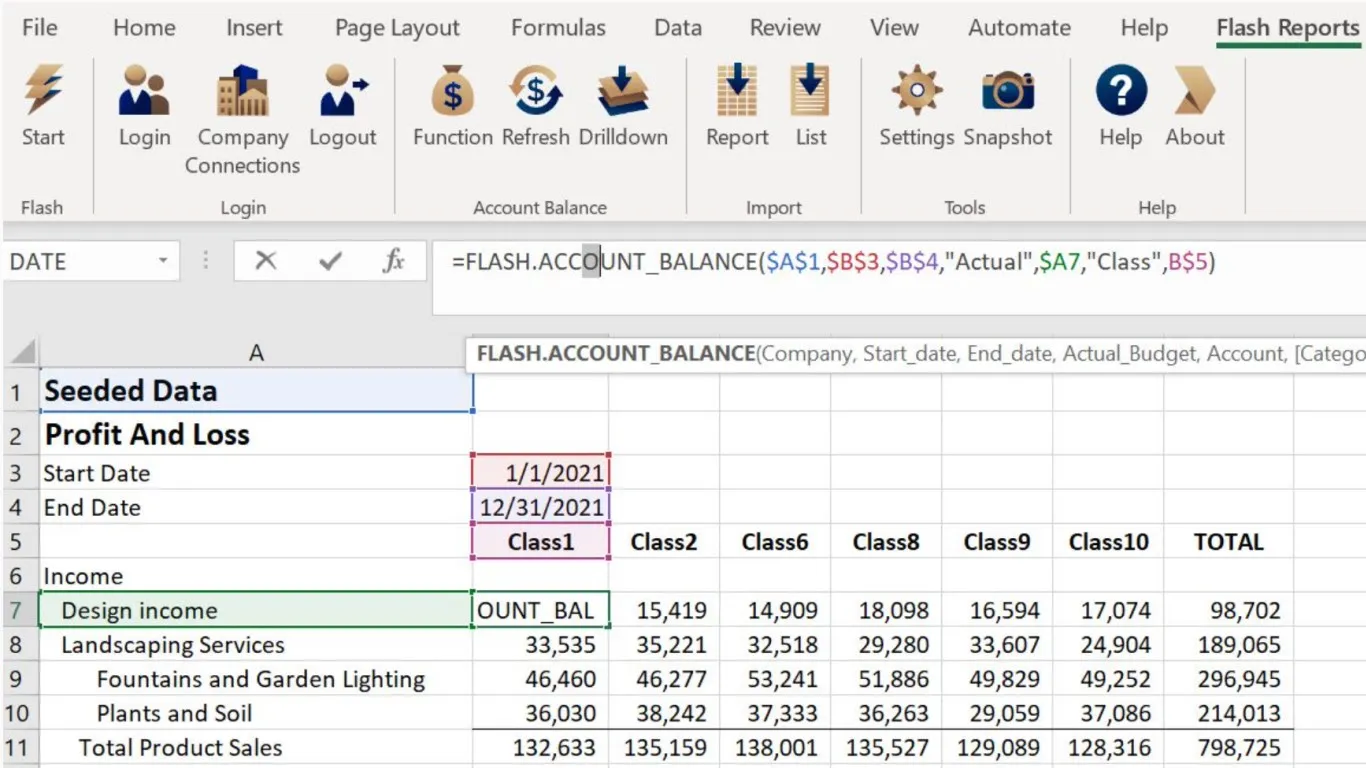 Flash Reports in Excel: a profit and loss by class built with live QuickBooks Online formulas