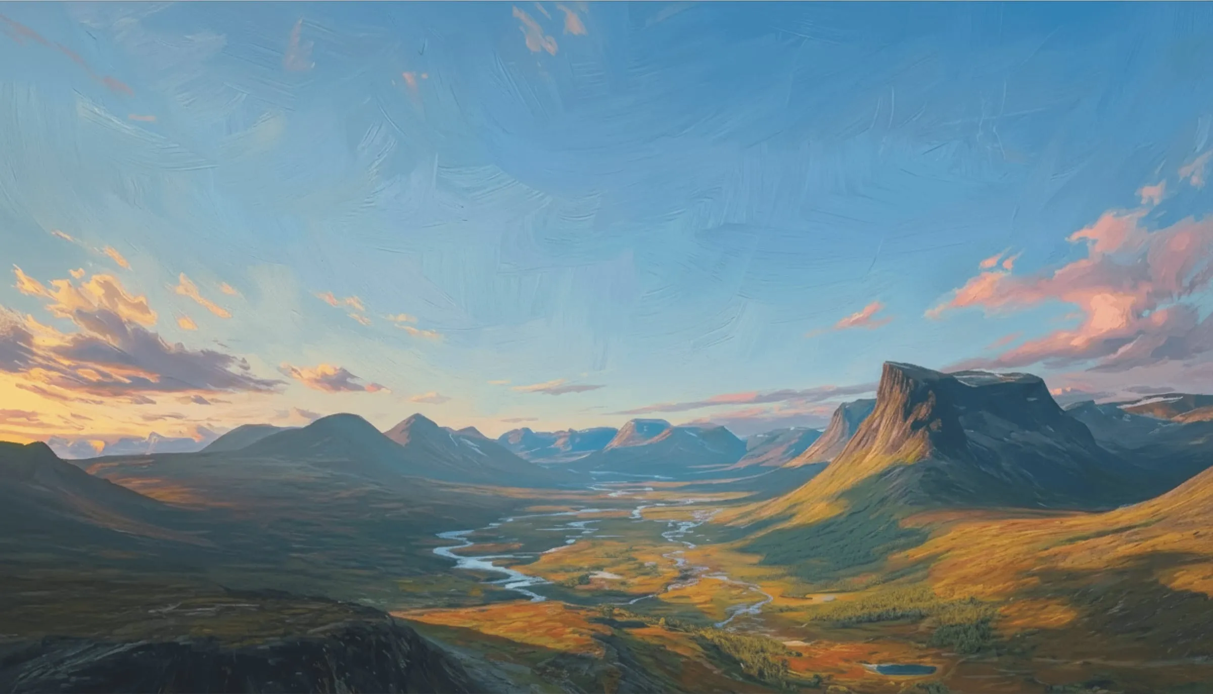 A painted mountain valley with a braided river, the artwork on Paraglide’s website